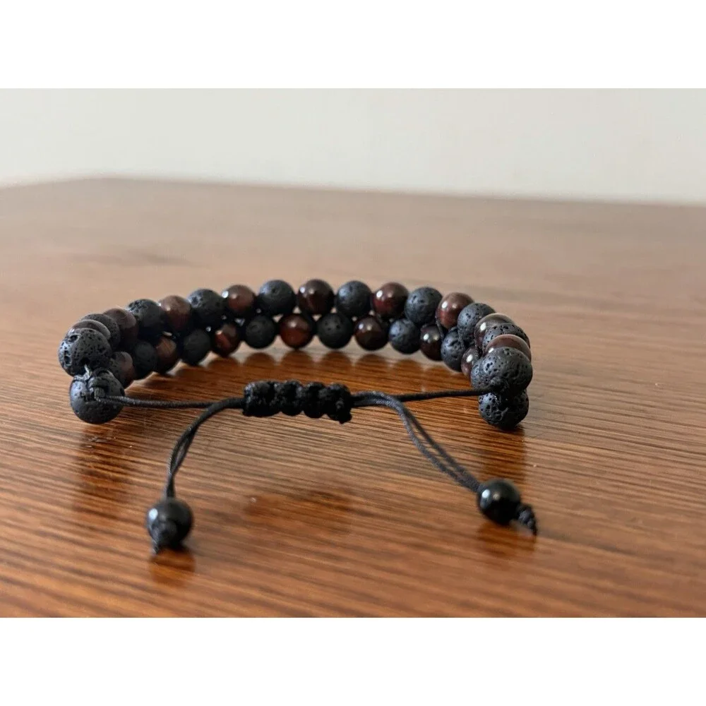 Natural Red Tiger Eye Lava Rock Double Row Braided Bracelet for Men Women